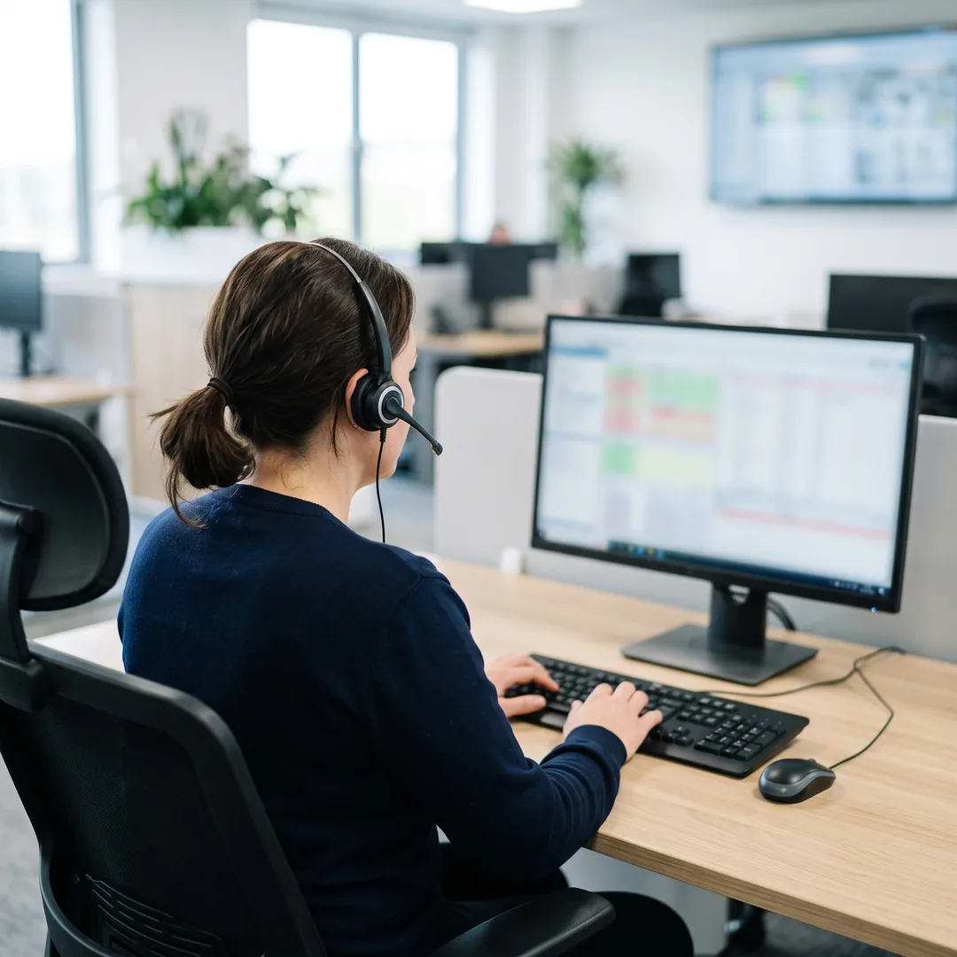 An alarm monitoring operator wearing a headset at a desk, seen from behind.
