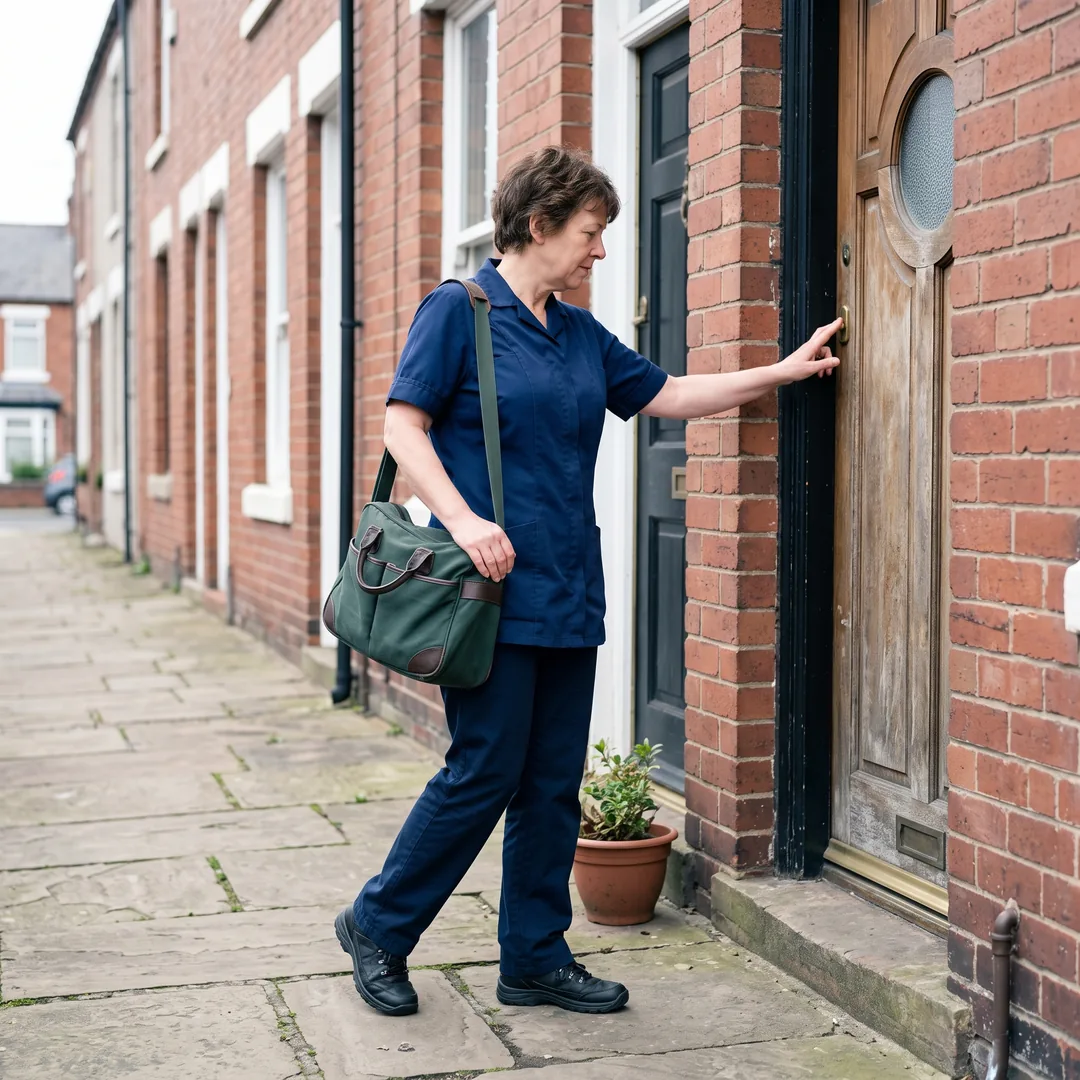 A community nurse carrying a work bag arrives alone at the front door of a terraced house.