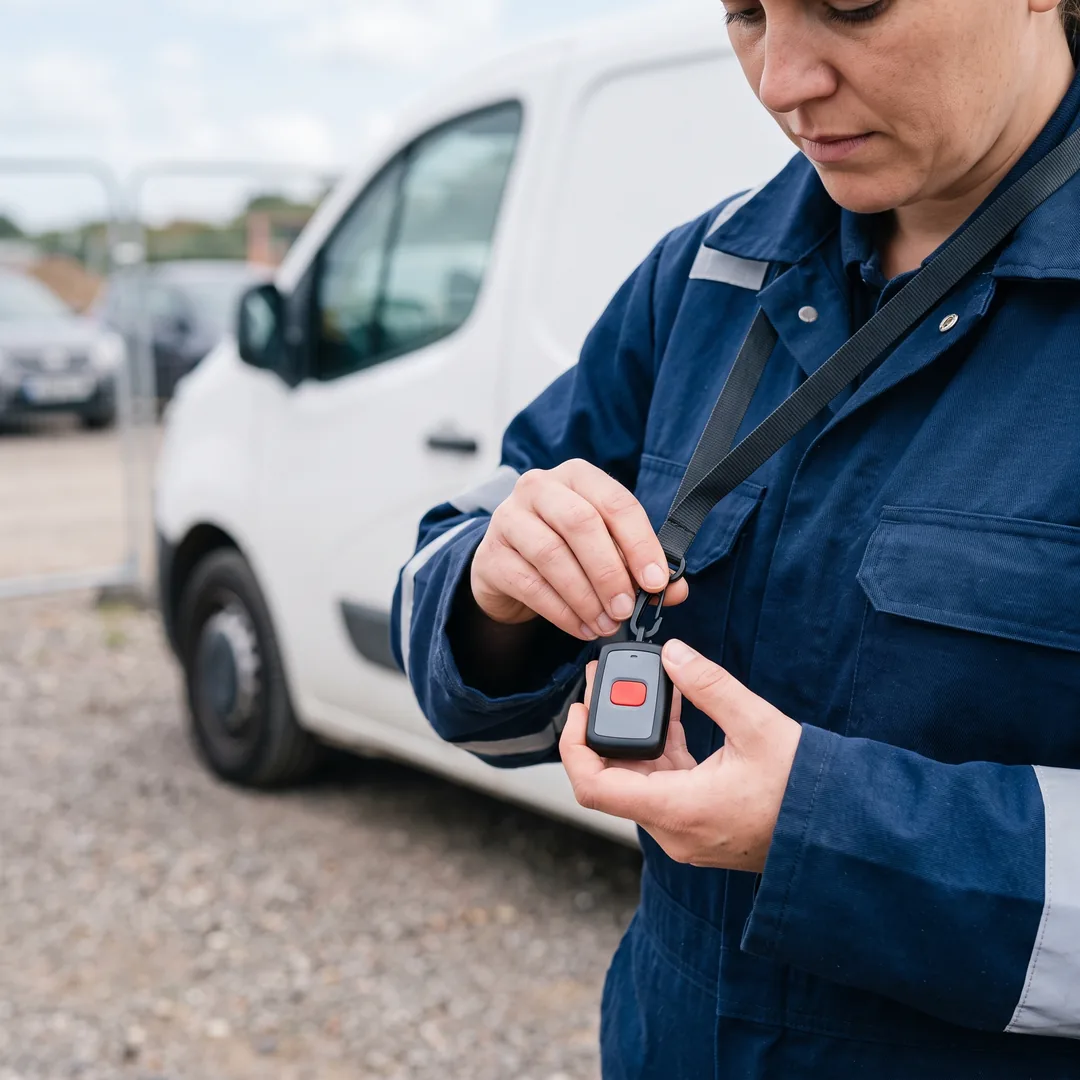A field engineer clips a small personal safety alarm to a lanyard beside a van.