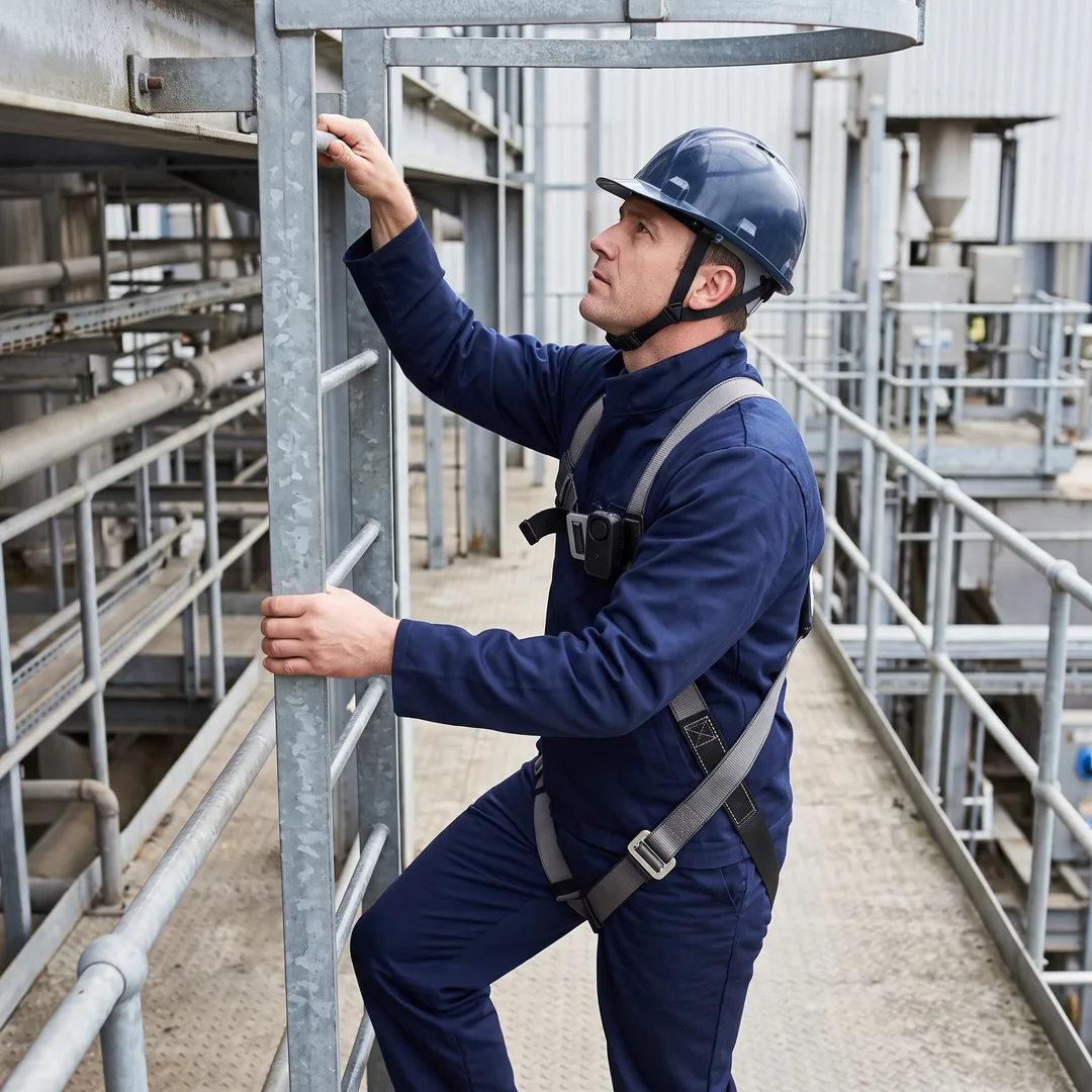 A maintenance worker in a safety harness climbs a fixed ladder at an industrial site.
