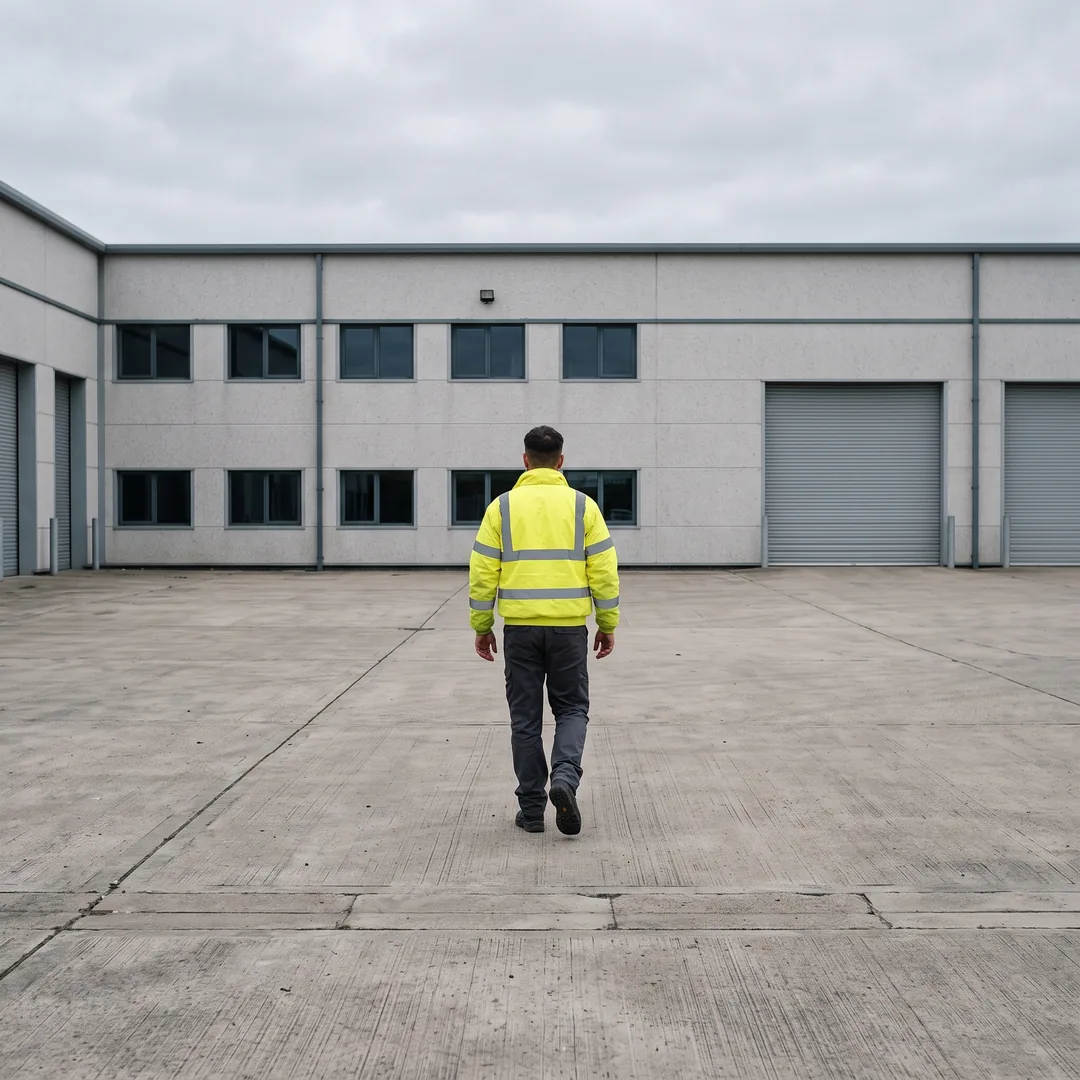 A lone worker in a hi-vis jacket crosses a deserted industrial yard.