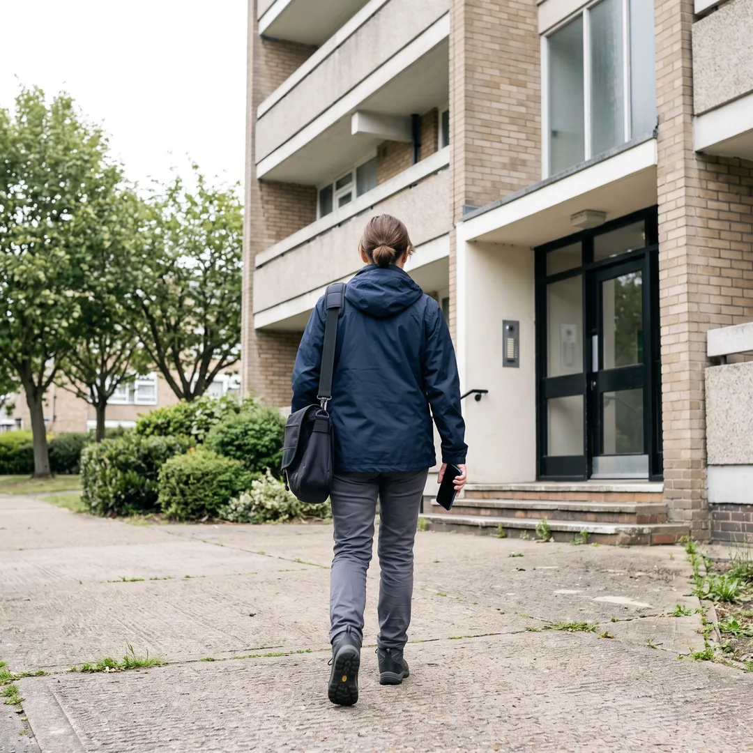 A lone housing officer walks towards the entrance of a block of flats.
