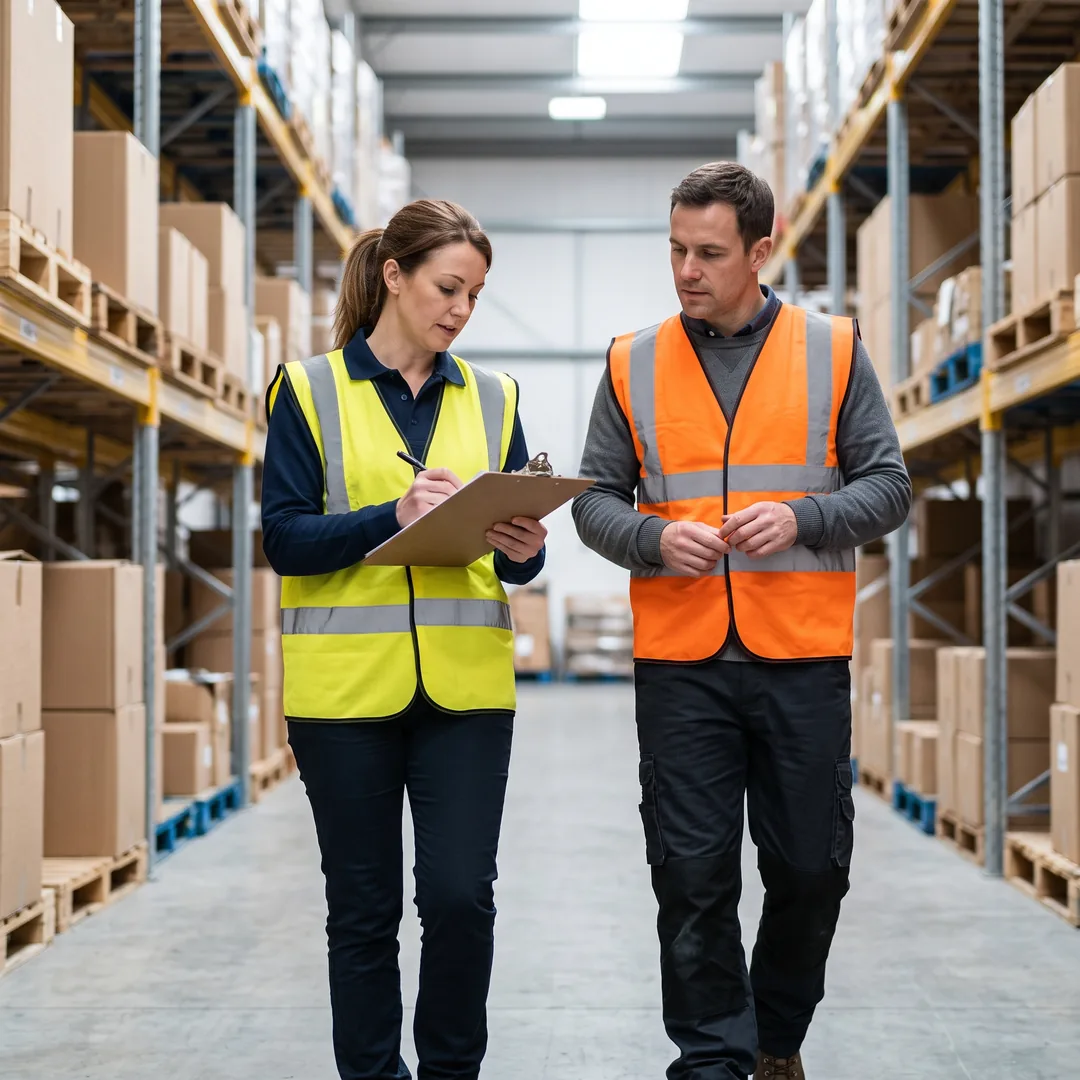 A safety manager makes notes on a clipboard while walking a warehouse aisle with a worker.